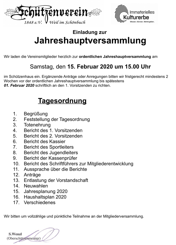 Einladung JHV 2020